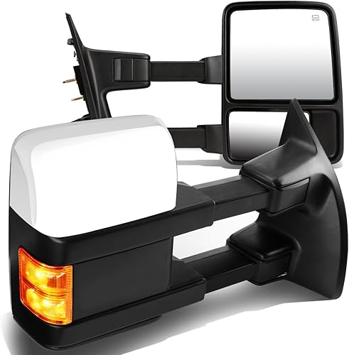 Auto Dynasty Par de espejos de remolque laterales telescópicos con calefacción LED de potencia cromada compatibles con Ford Super Duty 08-16