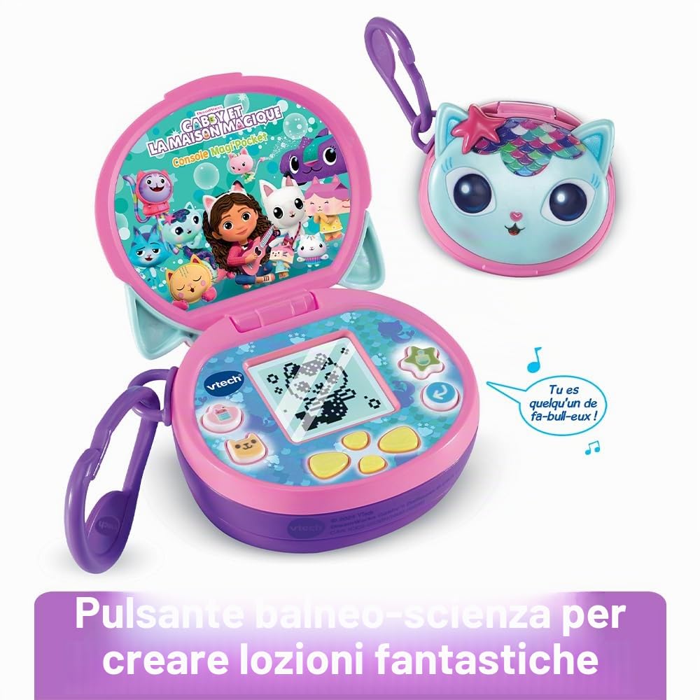 VTech - Gabby e La Casa Magica, Console Magi'Pocket, Mini Console di Gioco Portatile con Schermo Animato, 10 Quadranti, 4 Giochi, Regalo Bambino da 3 Anni a 7 Anni - Contenuto in Italiano