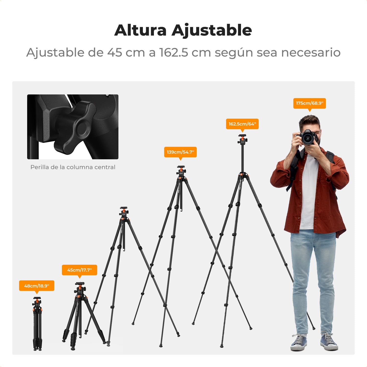 K&F CONCEPT 163CM Trípode Cámara Aluminio, Trípode Ligero y Compactop, Peso 1,2 kg y Carga Máxima de 10 kg para cámaras DSLR, Prismáticos, Telescopios Terrestres, Videocámaras y Teléfonos