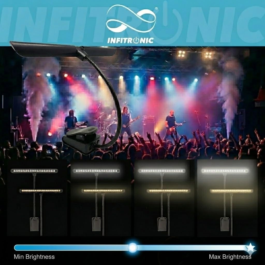 Infitronic IN18LEDNLR - 18 LEDs Recargables Partituras/Lámpara de Piano/Lámpara de lectura/Pinza Regulable 2 Modos de Color Negro