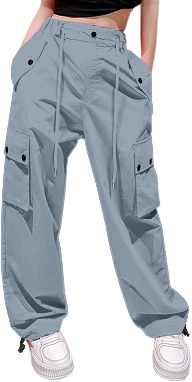 Cromoncent Girls&Womens High Waist Parachute Pants Y2K Cargo Trousers with Pockets 6 Years-Women 2XL Cromoncent Girls&Womens High Waist Parachute Pants Y2K Cargo Trousers with Pockets 6 Years-Women 2XL