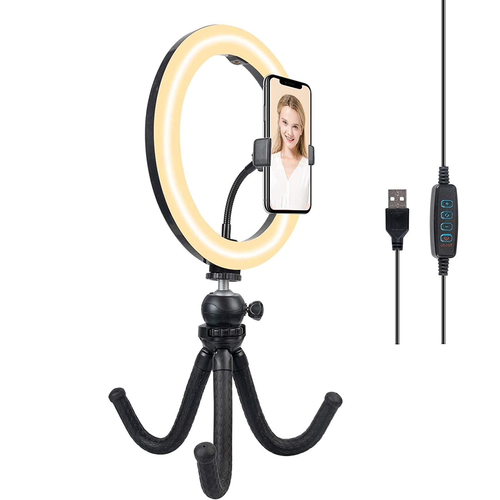 10" Selfie Ring Light with Tripod Stand & Cell Phone Holder, Dimmable Desktop LED Circle Light for YouTube Video/Live Stream/Makeup/Photography for iPhone Android
