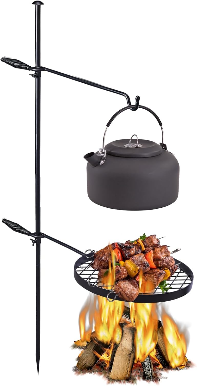 Outvita Swivel Campfire Grill, Open Fire Cooking Equipment for Camping with Height Adjustable Grill Grate and Hanger Rod and Carry Bag