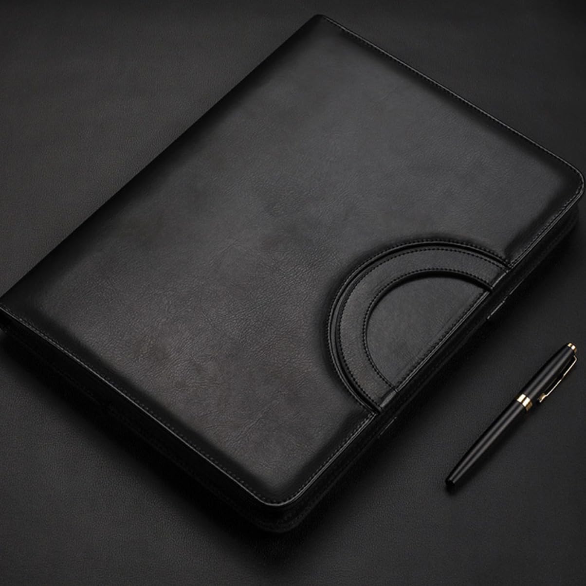 NUOBESTY Cartella Portadocumenti con Zip in Pu Nero, Formato A4, Business | Blocco Note A4 e Calcolatrice 8 Cifre, per Aule e Riunioni, Stile Minimal e Professionale