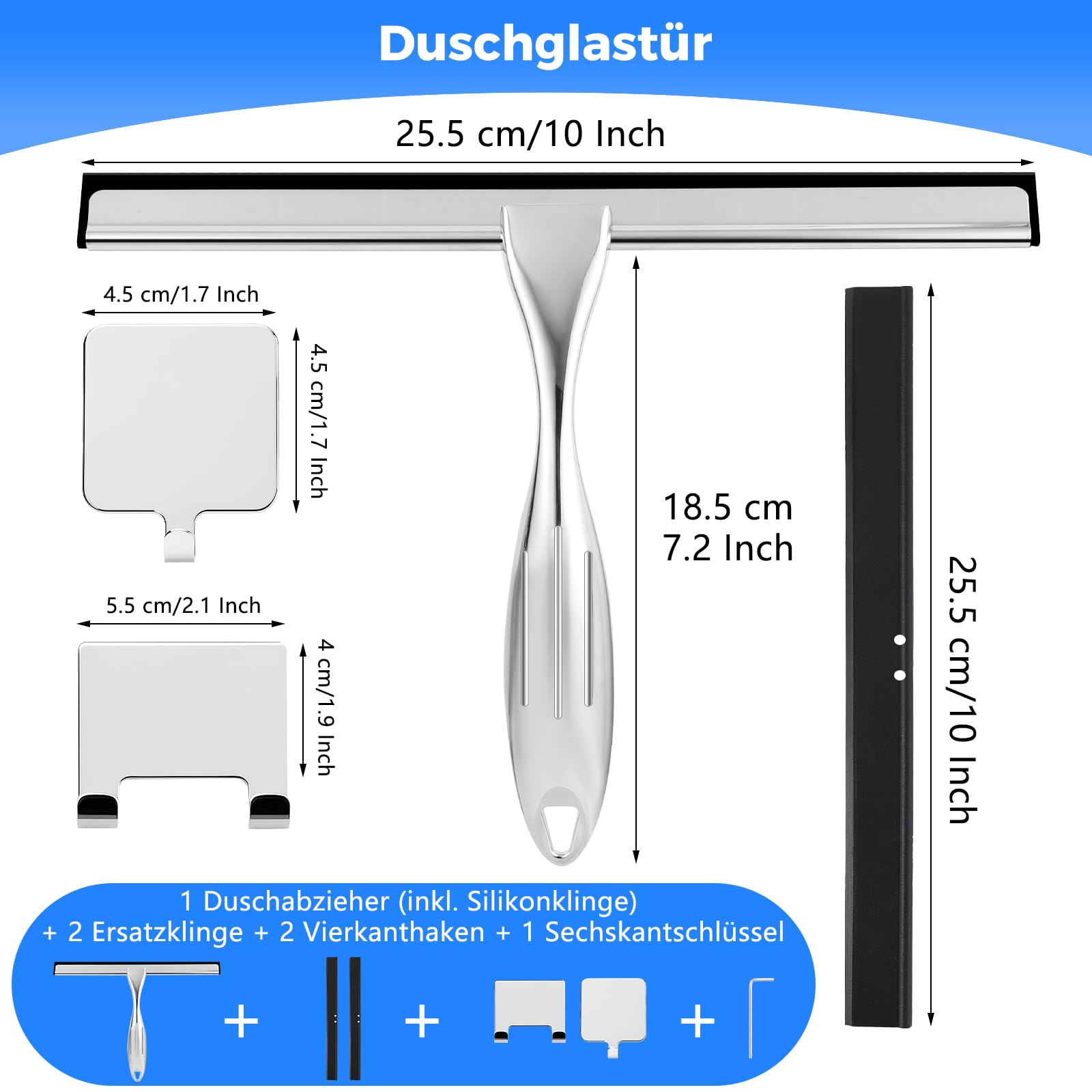 Wlich Ściągacz prysznicowy, 30 cm, ściągacz prysznicowy z 2 zapasowymi gumowymi końcówkami, ściągaczka do okien, ściągaczka prysznicowa ze stali nierdzewnej z uchwytem do łazienki, ściany prysznicowej