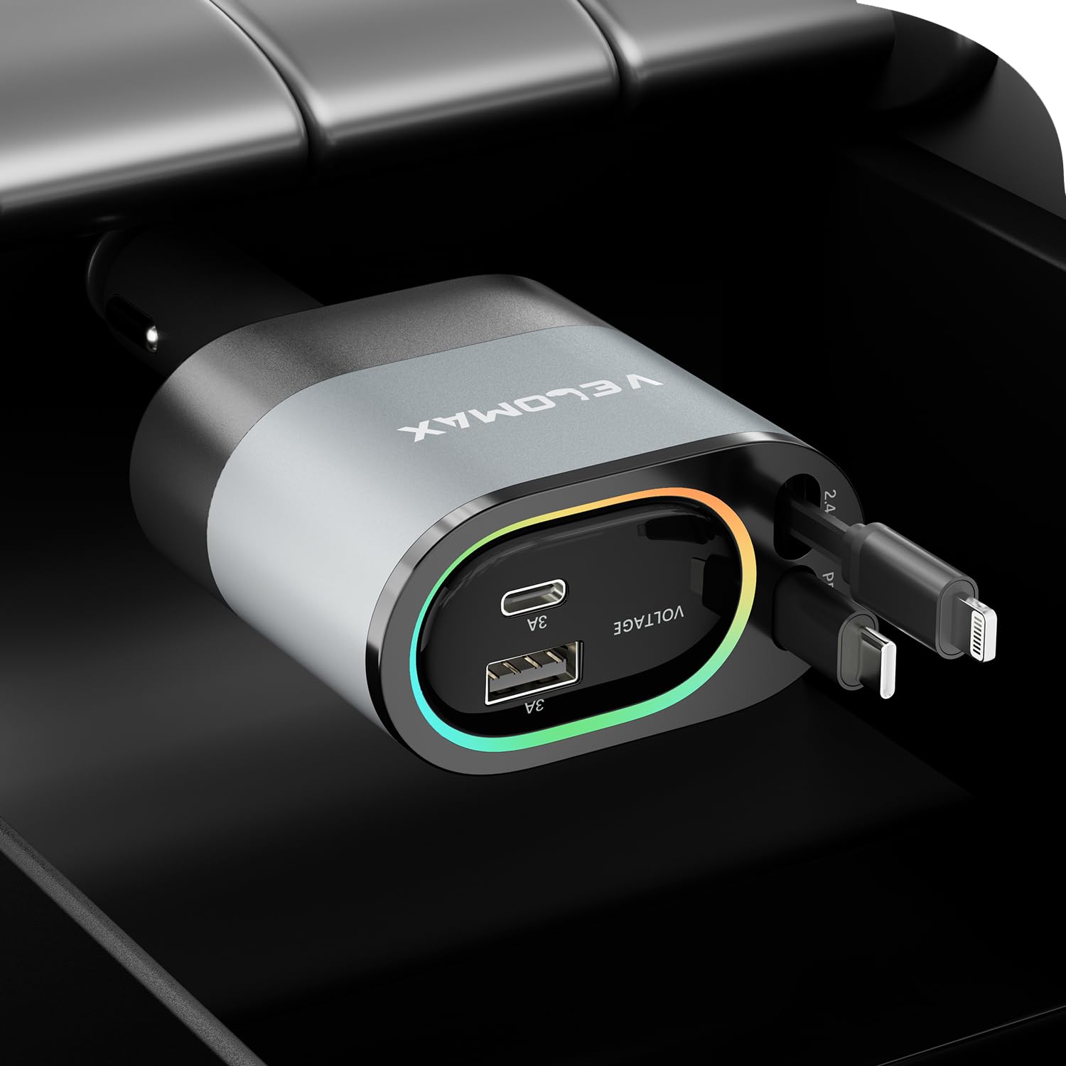 Velomax 72W Fast Car Charger with 80CM Retractable Type-C & 30-pin Port Cables – Simultaneous Charging for 4 Devices – Universal Car Mobile Charger for All Smartphones & Tablets