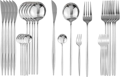 PILER Juego de 30 cucharas, tenedor, cuchara, tenedor, ensalada, tenedor, cubiertos de acero inoxidable, para 6 unidades, plata brillante
