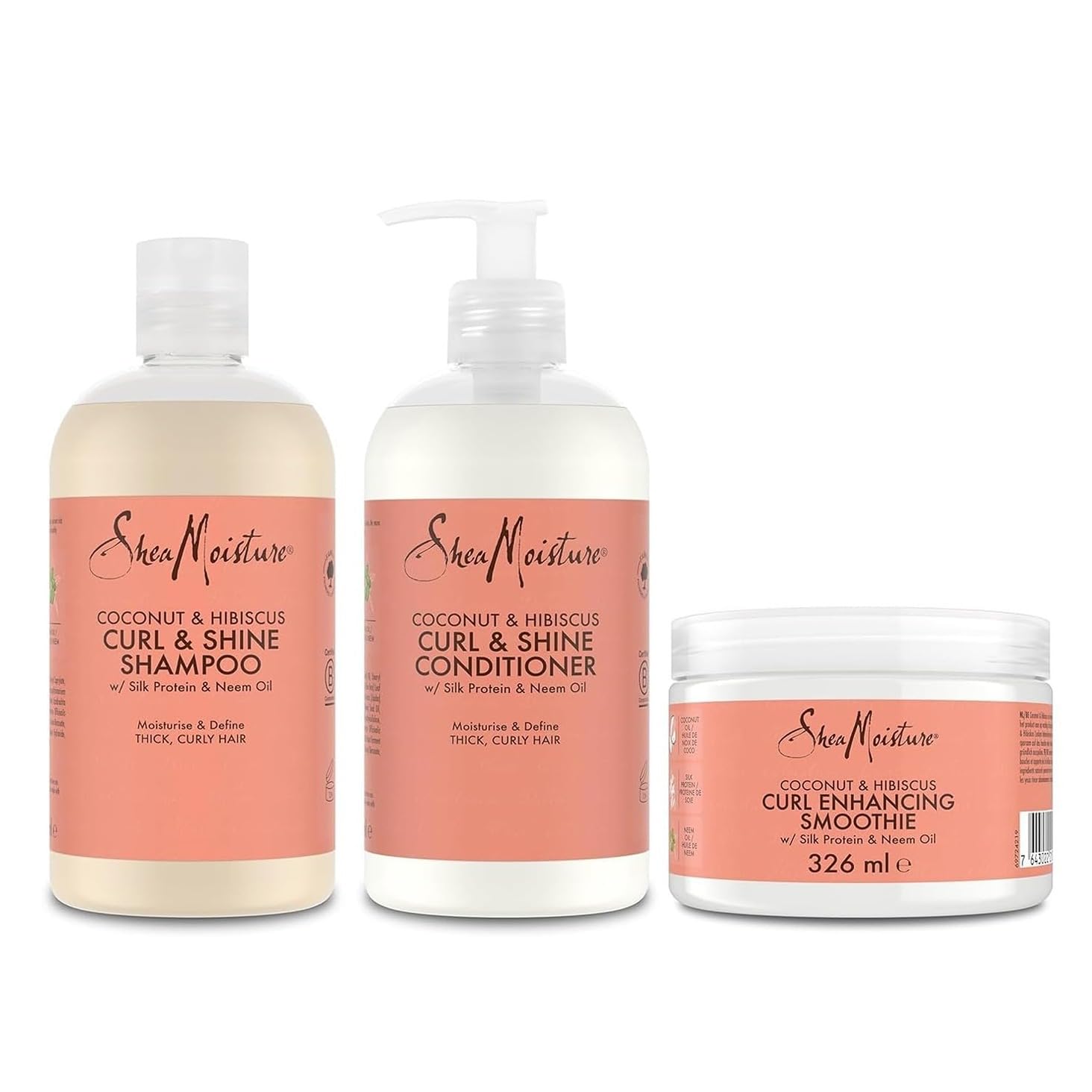 SheaMoisture Champú, Acondicionador y Crema Modeladora para cabello grueso y rizado con Coco e Hibisco pack para el cuidado del cabello 2x 384 ml, 1x 326 ml - 3 productos