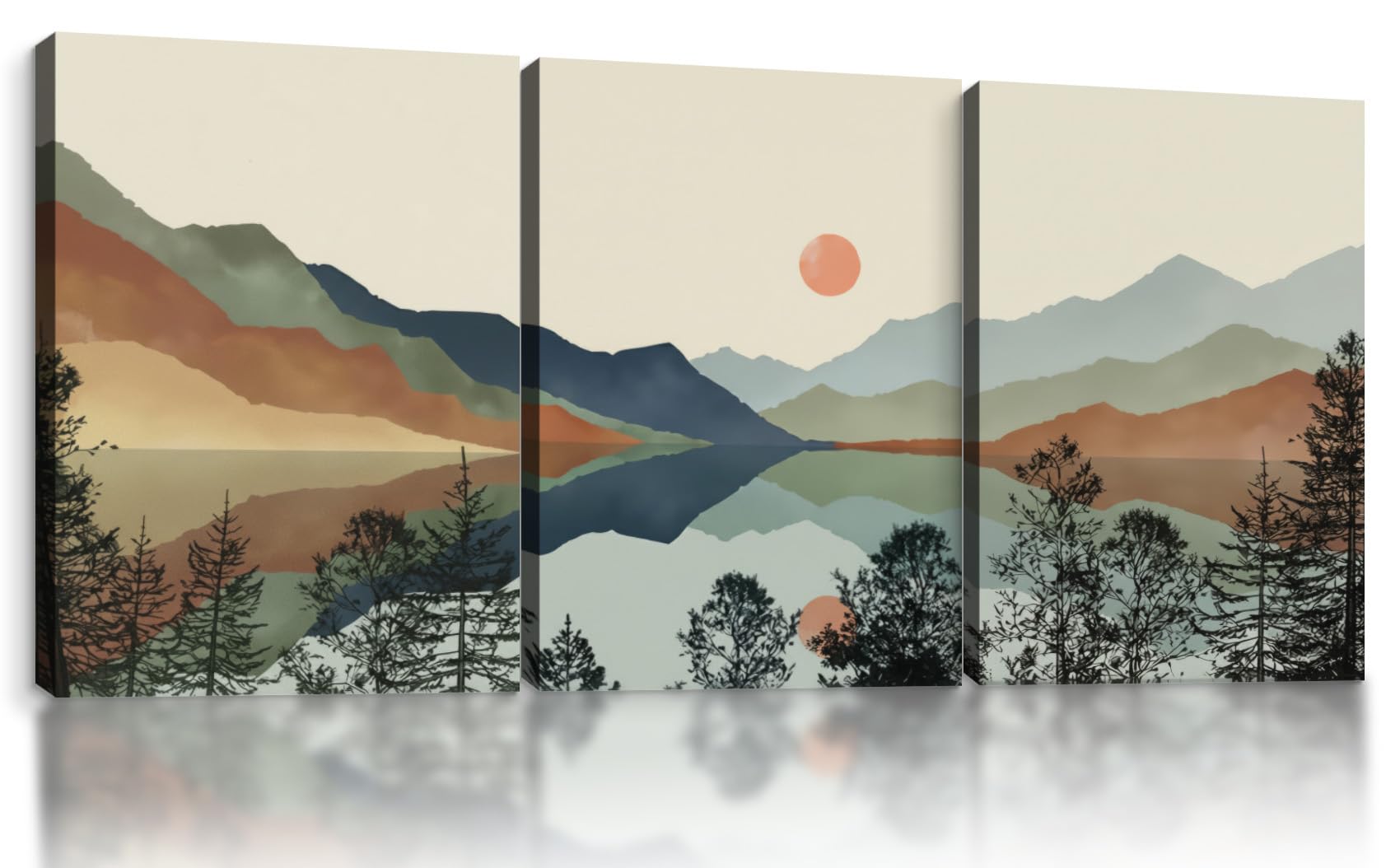 Framed Boho Mountain Landscape Wall Art Set of 3-Canvas Prints, with Sunset and Lake Pictures posters Modern Minimalist painting Living Room, Bedroom,