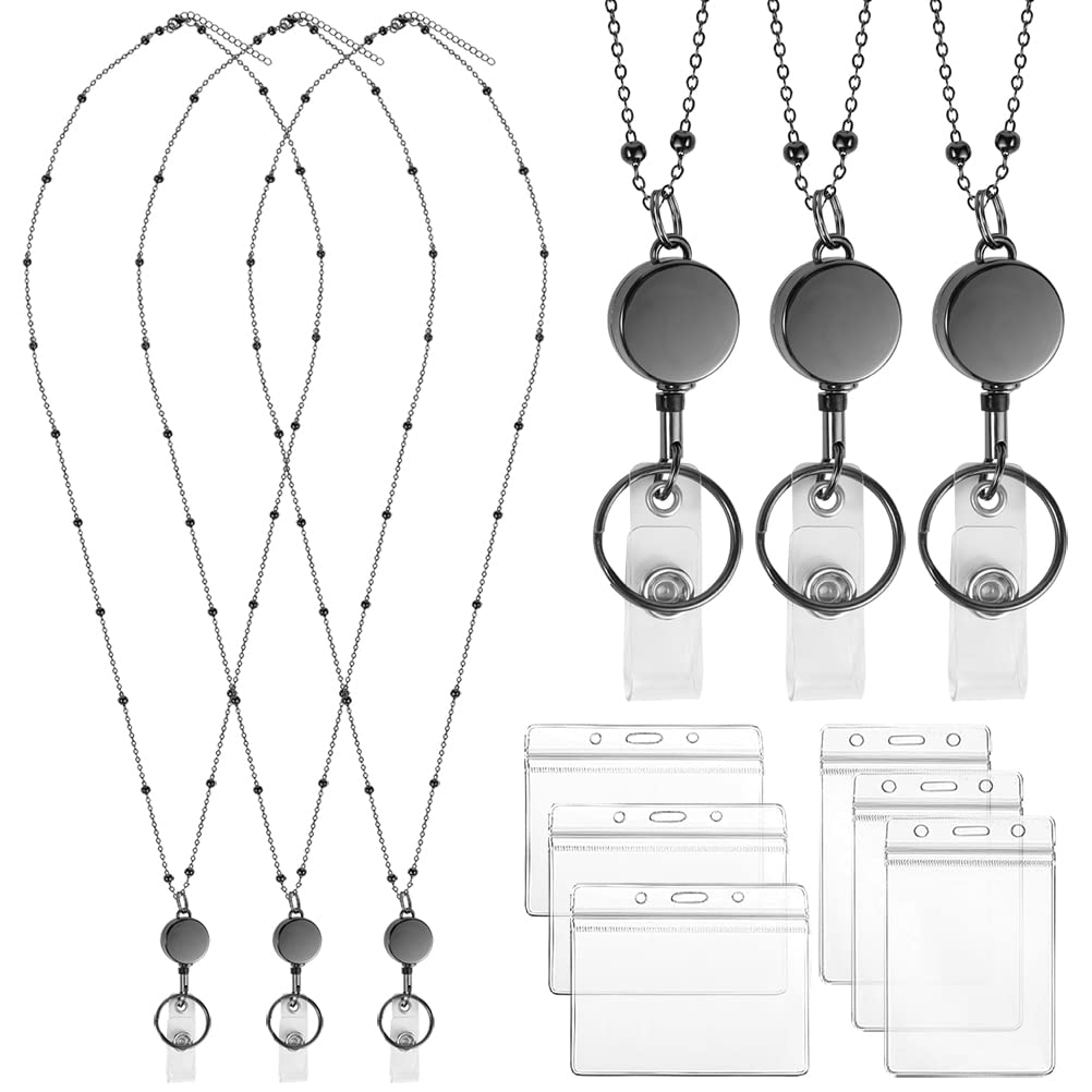 3 Pack Lanyards for Id Badges with 6 Pcs Id Badge Holder Retractable Badge Holders Stainless Steel Teacher Lanyard Cruise Ship Lanyards for Girl Women (Black) — image 1