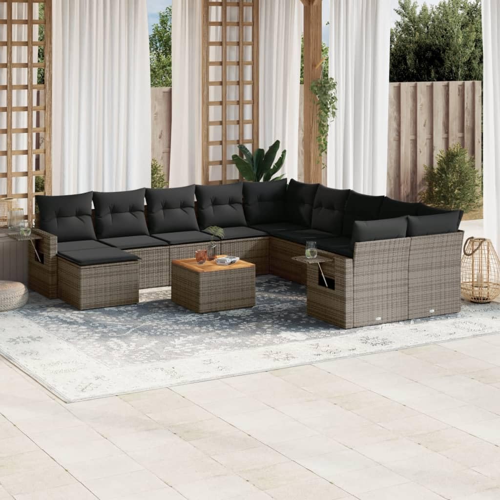 Set di 12 mobili da giardino in polyrattan, grigio, 62 x 62 x 69 cm, divano angolare con tavolo in legno di acacia, set modulare per esterni, per balcone, terrazza, giardino