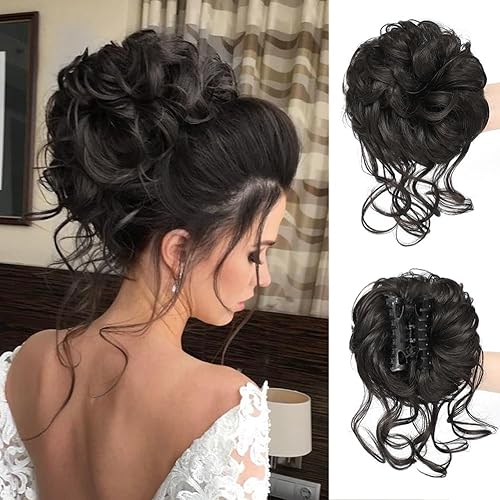 Moño desordenado, pinza de garra, moño despeinado, extensiones de moño sintético rizado para mujer (marrón negro)