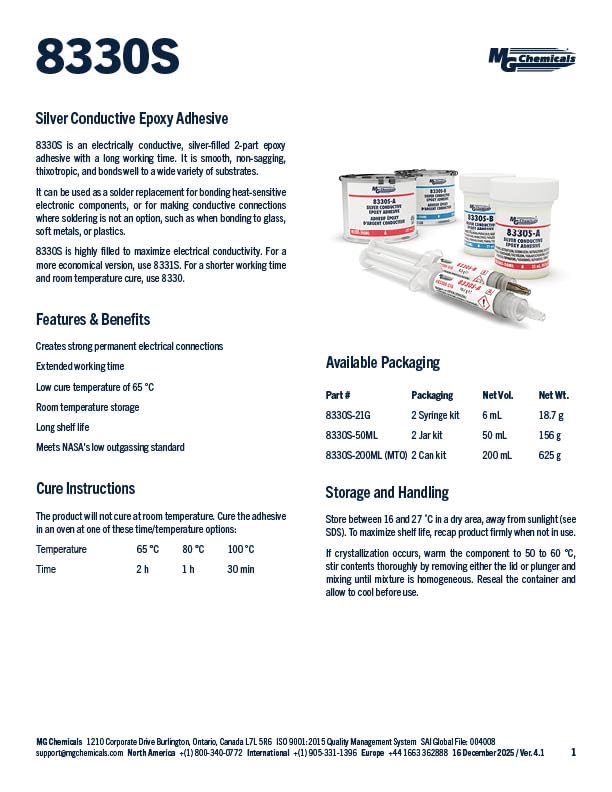 Image of MG Chemicals 8330S Silver Epoxy Adhesive, Extreme Conductivity, 4 hr. Working time, 21 g, 2 Dispeners (8330S-21G)