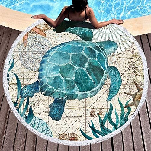 panlen Sea Turtle Round Tapestry, Tablecloth,Thick Round Beach Towel Blanket with Tassels, Soft Quick Dry, Picnic Table Cover, Round Beach Towels (Seaturtle)