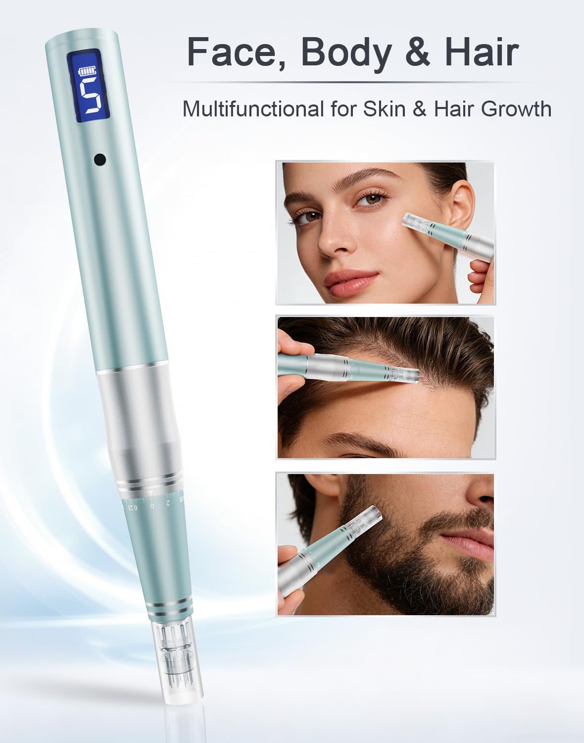 Professionelles elektrisches Dermapen-Set | LCD-Display | 5 Geschwindigkeitsstufen | 24 Ersatznadeln | Microneedling-Gerät für Zuhause & Kosmetikstudio | Elektrischer Dermapen für Hautpflege, 12-Pin, 36-Pin & Nano Kartuschen, gleichmäßiger Motorlauf, ergo