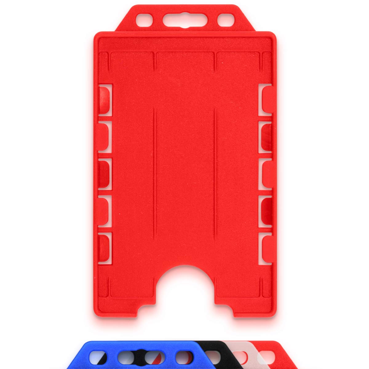 CKB LTD® Vertical Double Sided Rigid Slide in Open Faced ID Card Badge Holders Portrait Dual Identity Plastic Pass Protector - Holds Two Cards 86mm 54mm cr80 Credit Card Sized (Red, Pack of 100)