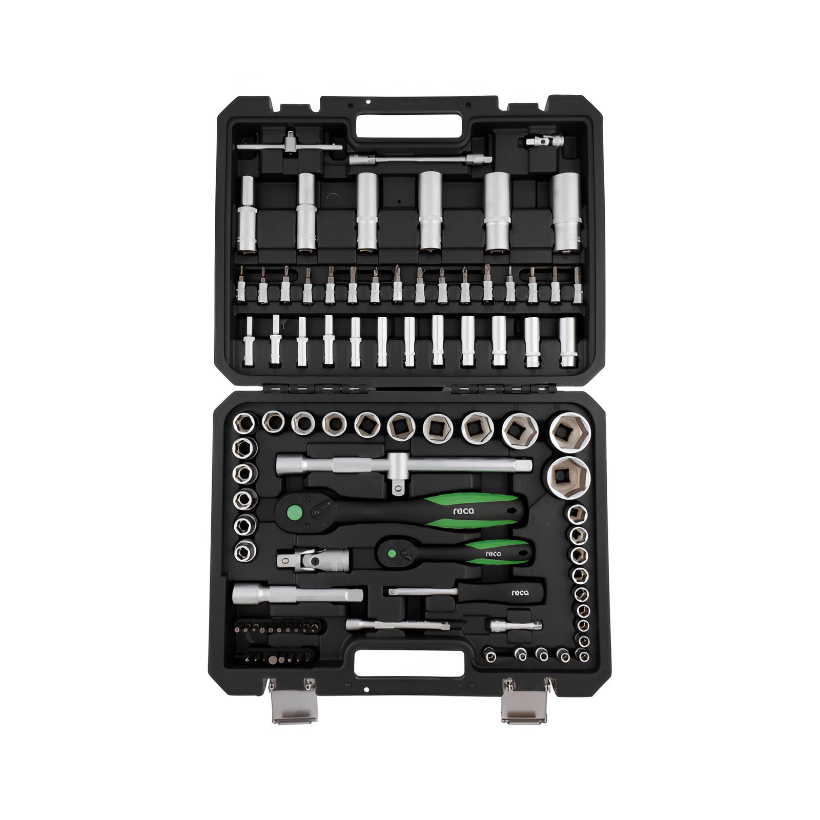 RECA Jeu de 93 douilles ECO 1/2" et 1/4" | Mallette à cliquet | Mallette à outils | Chrome Vanadium | Cliquets à denture fine | Mallette verrouillable