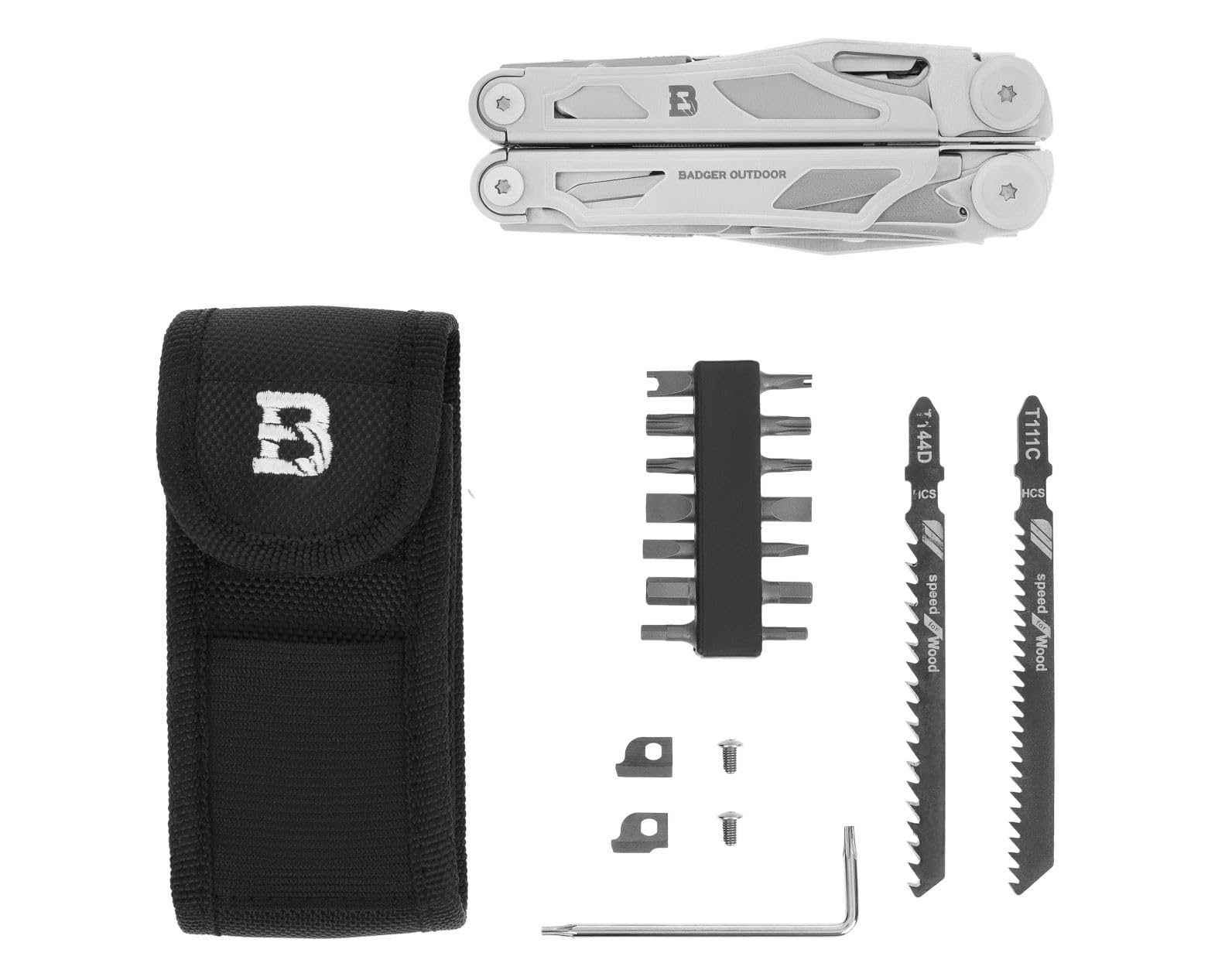 Badger Outdoor Claw Multitool 20 in 1, Edelstahl 420, zwei 7Cr17-Klingen, Kombizange, Schere, Feile, kompatibel mit T144D/T111C Sägeblättern, Bit-Aufnahme, Nylonholster und Clip, vielseitiges EDC