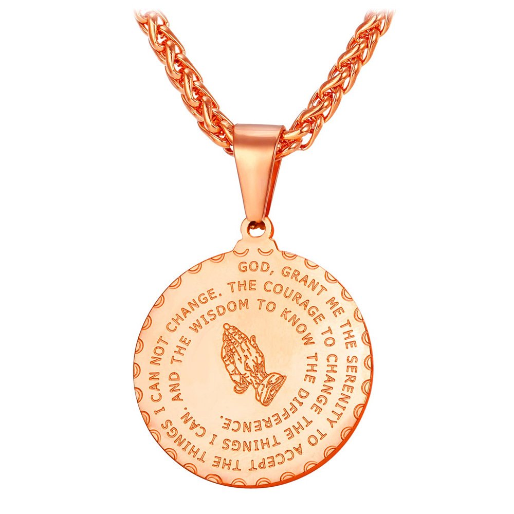 U7 Bible Verse Necklaces for Men Women Stainless Steel/18K Gold Plated Prayer Hands Coin Medal Pendant Necklace Christan Jewlery Gift (22-26Inch)