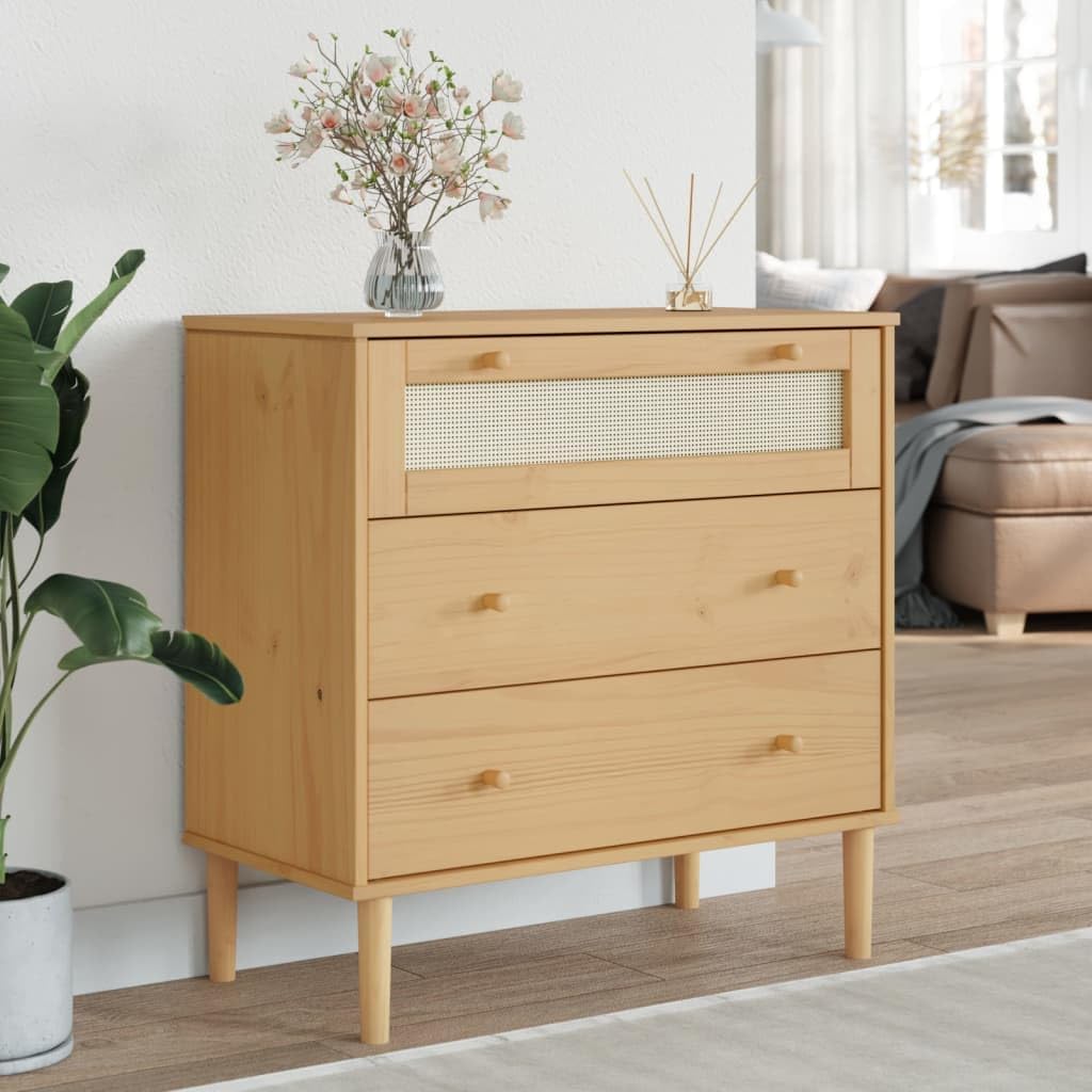 vidaXL - Stylish Drawer Cabinet SENJA, Brown Solid Pinewood with UV Varnish Finish, Fitted with Poly Rattan Drawer Fronts - 31.5"x15.7"x31.5"