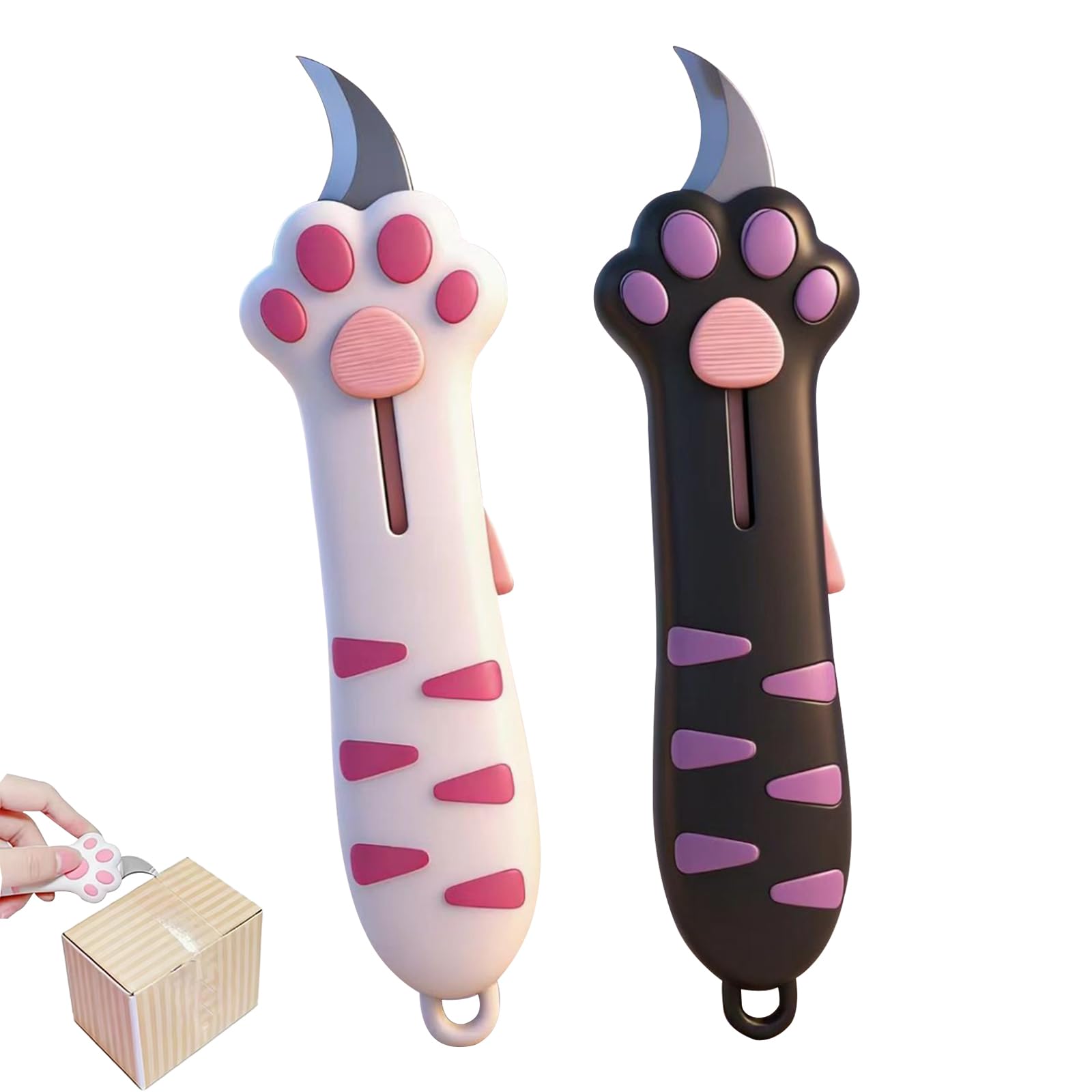 2 Piezas Mini Cortador de Cajas, Abrecajas en Forma de Pata de Gato, Lindo Cuchillos de Bolsillo, Abrecajas Cuchillo Retráctil de Pata de Gato Portátil Para Oficina, Hogar, Artesanía, Papel