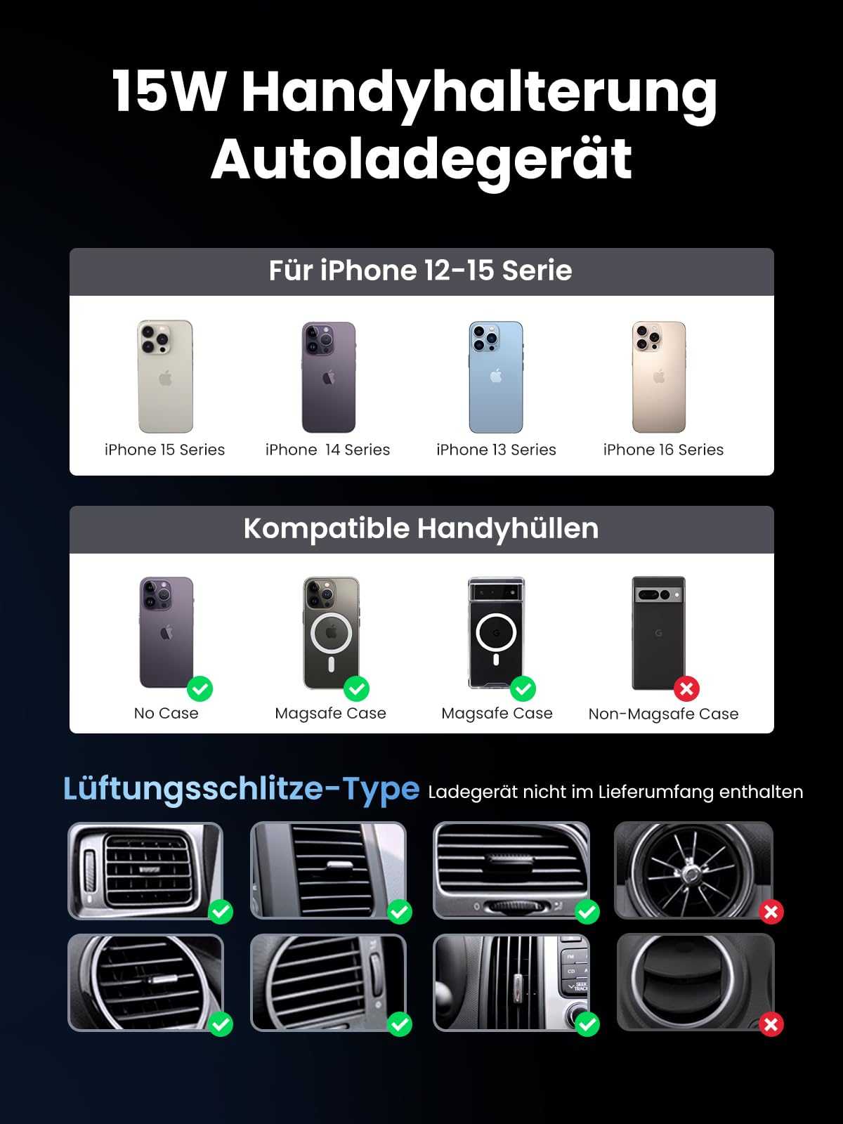 UGREEN Qi2 zertifizierte 15W Magsafe Autohalterung für iPhone 12-17-Serie, MagSafe Autohalterung mit Ladefunktion, Starke Magnete für sicher Halt, kabelloses Schnellladen, inkl. 1m Kabel