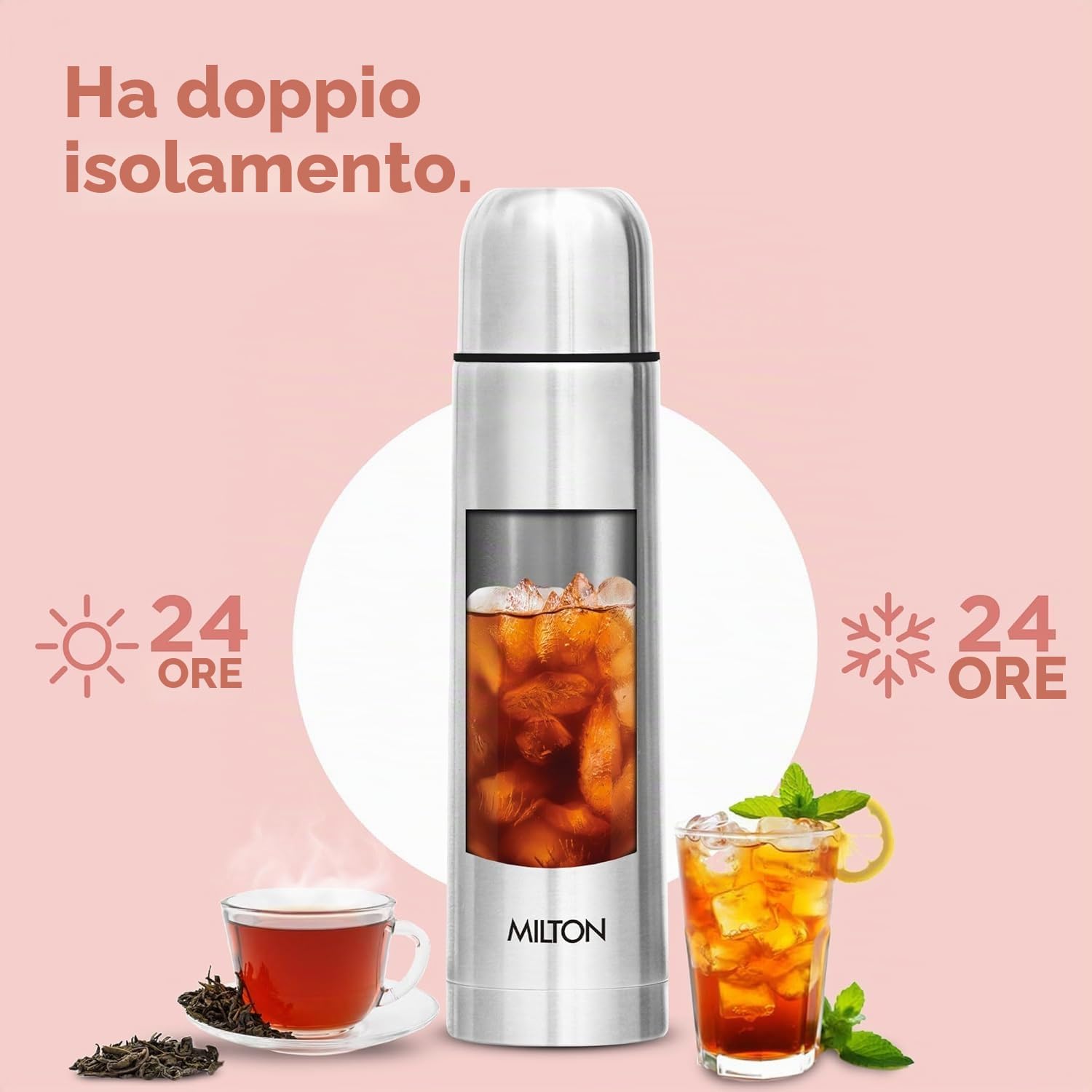 MILTON Flip Lid 500 Thermosteel Borraccia per acqua calda e fredda 24 ore con borsa, 1 pezzo | A prova di perdite | Bottiglia da ufficio | Borraccia da palestra | Casa (Argento,500 ml)