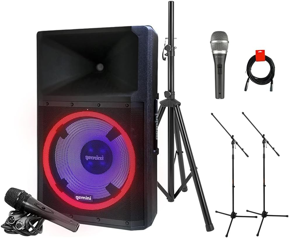Complete Gemini Sound GSP-L2200PK bundle including speaker, stands, and microphones