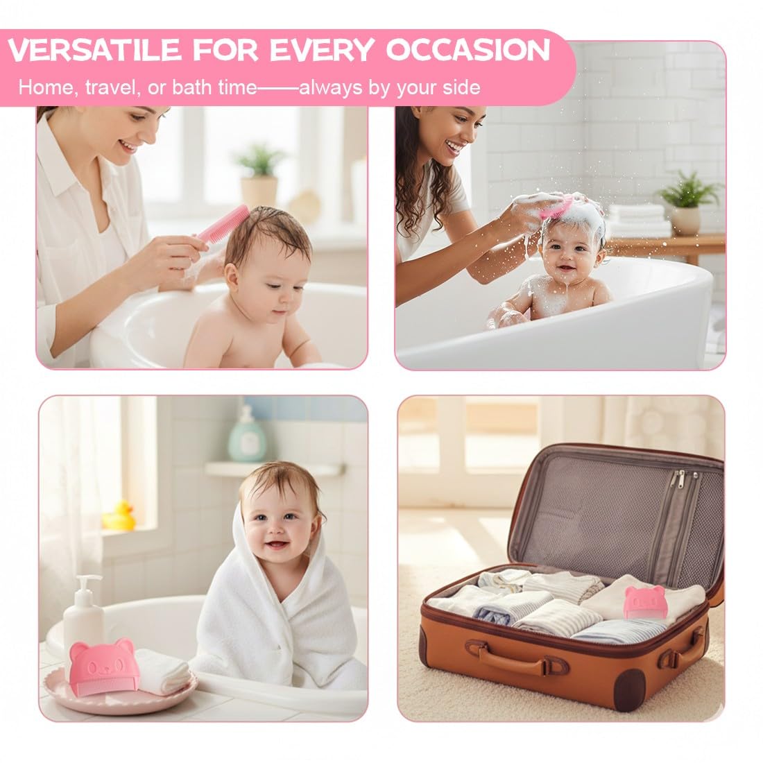 3 Pcs Spazzola Da Bagno, Pettine Neonato,Pettine Crosta Lattea Neonato, Spazzola e Pettine Neonato,Pazzola Per Bambini In Silicone Adatto Per Il Massaggio Del Cuoio Capelluto Del Neonato(Rosa)