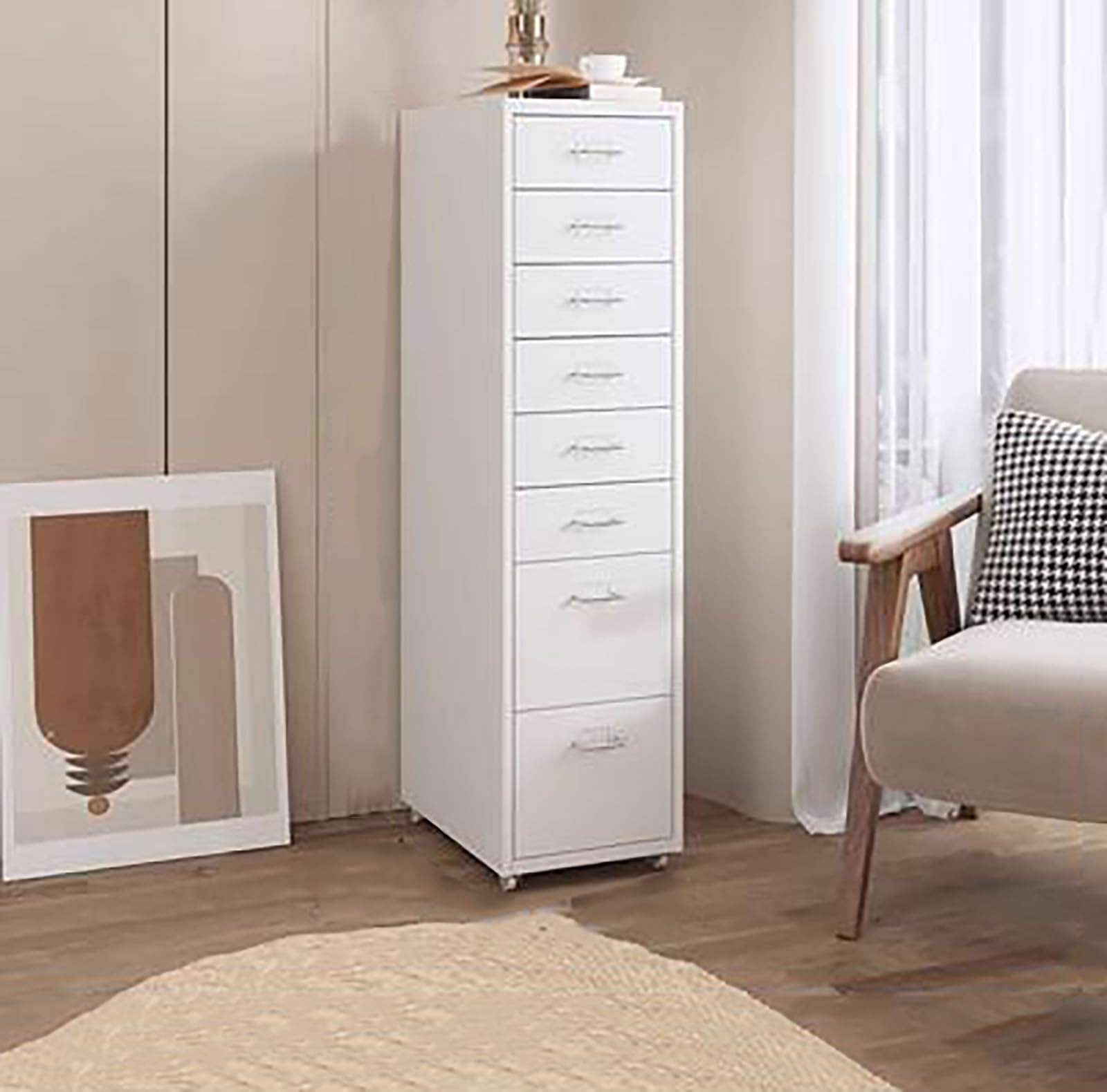 Aioneer White Mobile Metal Filing Cabinet On Wheels Rolling Storage Organizer With Drawers Vertical Rolling File Cabinet Printer Stand Lockable Casters Office Storage Solution-42.5 * 16 * 11Inch
