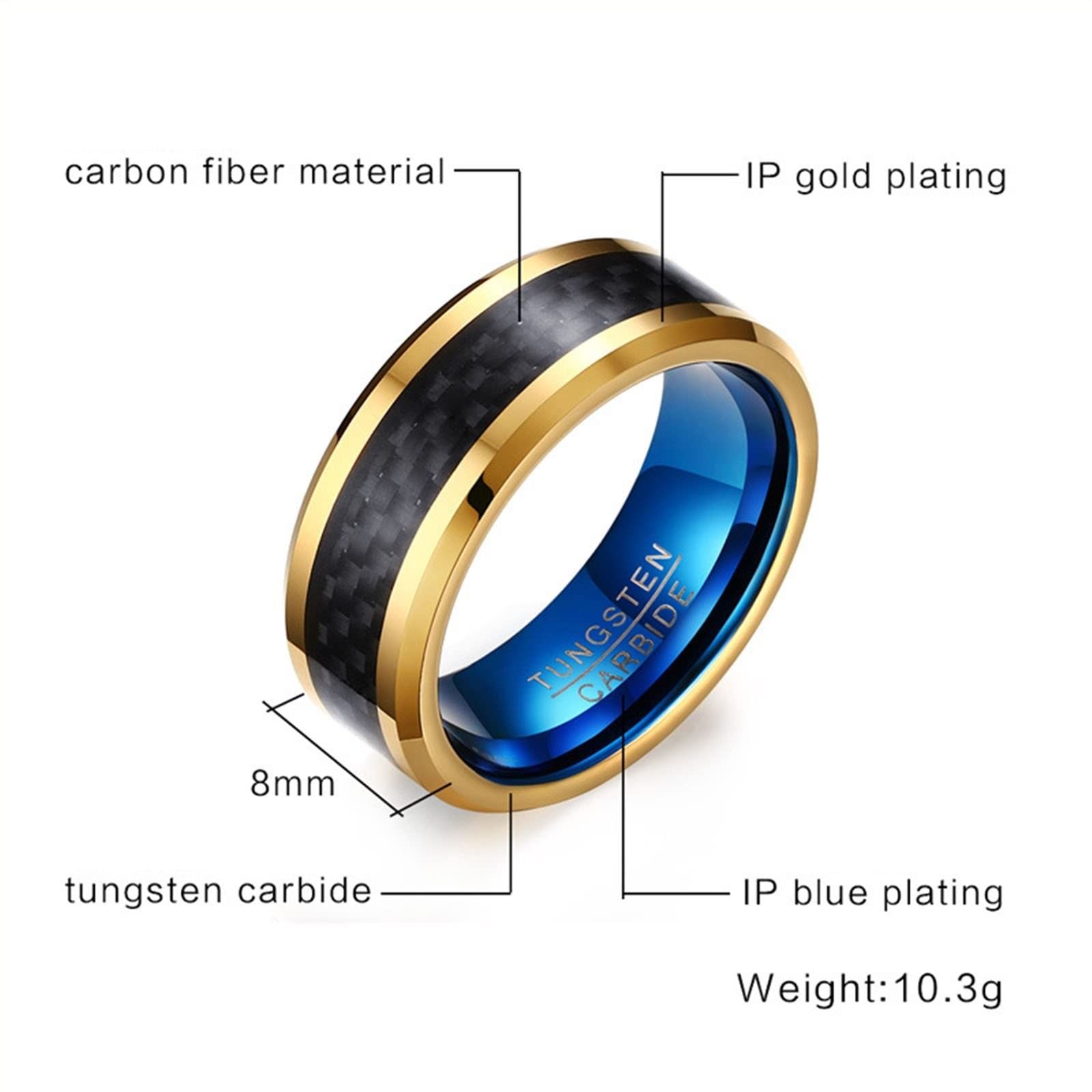 Anillo Carburo de Tungsteno Mujer, Anillo de Boda Pareja 2 Piezas Anillo de Oro de 8mm con Incrustaciones de Fibra de Carbono