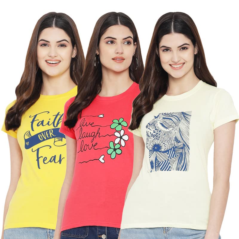 Image of Preneum Women's Cotton Regular Fit Graphic Stylish Printed Short Sleeves Casual T-Shirt || Trend & Style (Pack 3)
