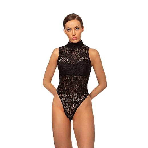 Body de renda modelo nadador gola rolê