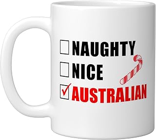 Naughty Nice Australian Candy Cane Christmas Santa List Ceramic Mug, White