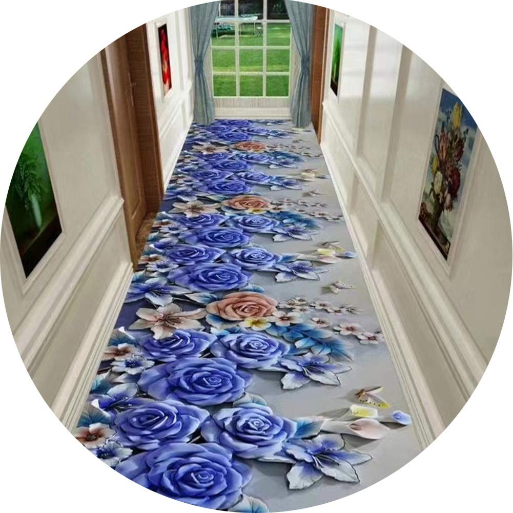 Tapis de passage d'allée fleuri bleu pour sublimer votre grand couloir d'entrée rectangle