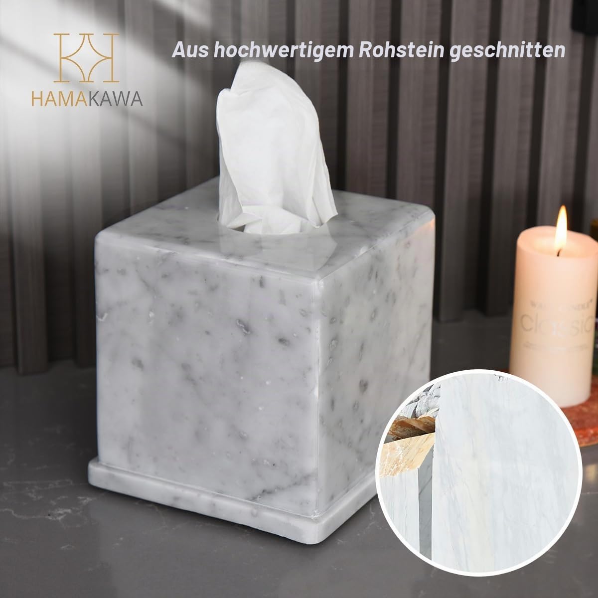Kosmetiktuchbox Marmor, Kosmetiktücher Box Naturstein, Carrara Weiß Tissue Box Quadratisch 15x15x14,5 cm