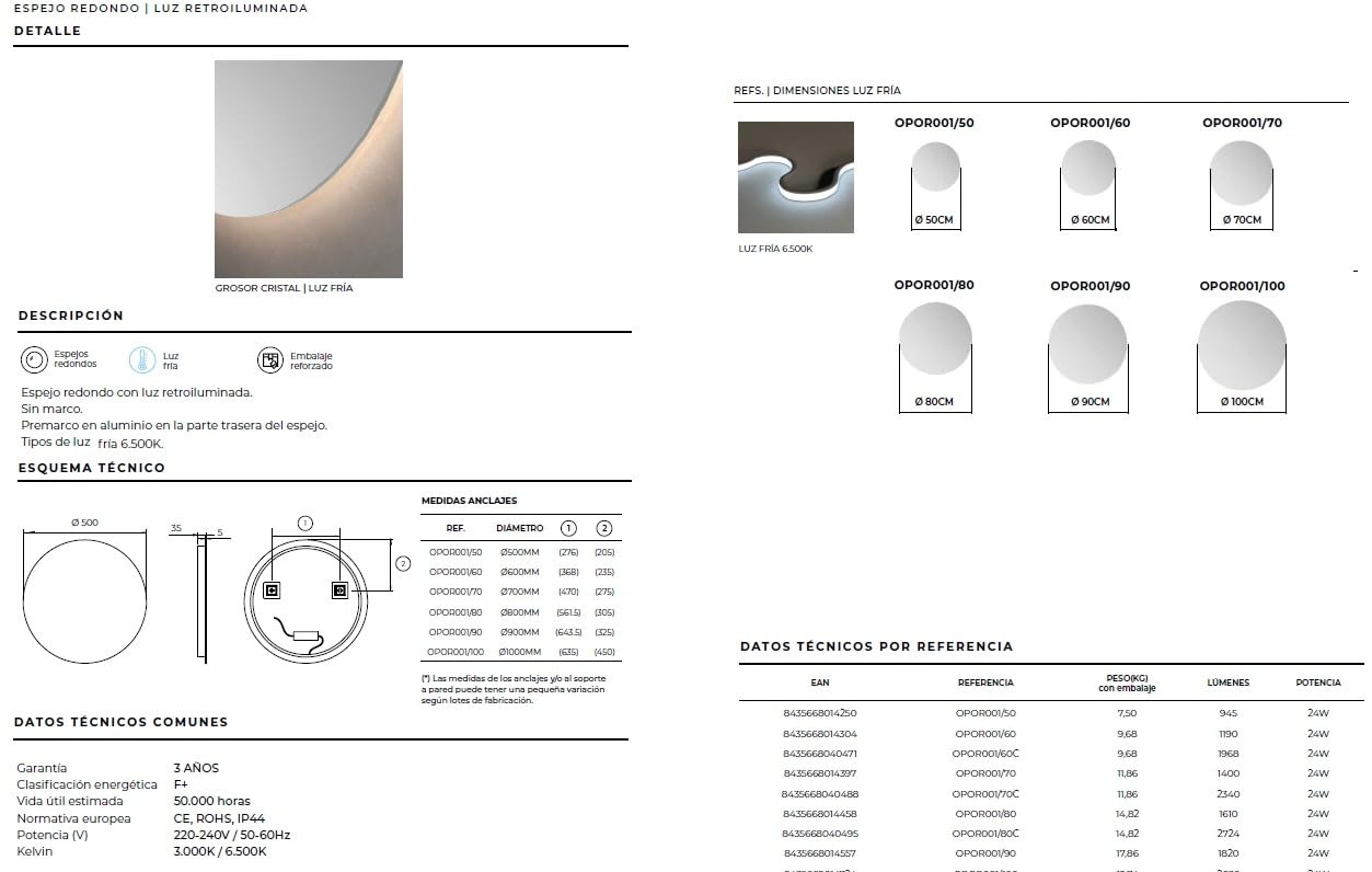 Mice - Espejo Redondo de Pared con Iluminación LED luz Fria (6.500K), Retroiluminado - Espejos de Dormitorio, Maquillaje, Baño, Vestidor, Espejo con Luz para Centro Estetica - Ø60CM