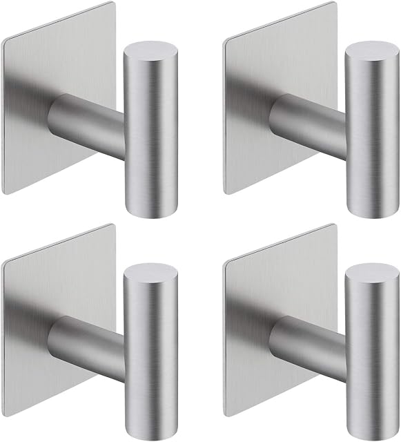 Amazon Brand - Eono Towel Hooks Rail Self Adhesive Stainless Steel SUS304 Rack Bath Towel Hook Bathroom Sticky Kitchen Towel Multi Hanger 4 Pack Brushed Finish