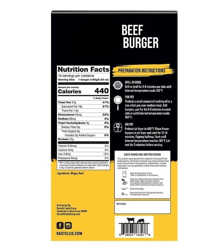 Beef Burger. Experience rich, melt-in-your-mouth flavor . Marbled, tender and crafted to redefine indulgence. This beef is sourced responsibly and their cutting edge technology creates burgers that ensure every bite is tender and juicy! This is gluten free and boasts no antibiotics, steroids or added hormones. 10 ct [ 53 oz , 3.3 lb ]