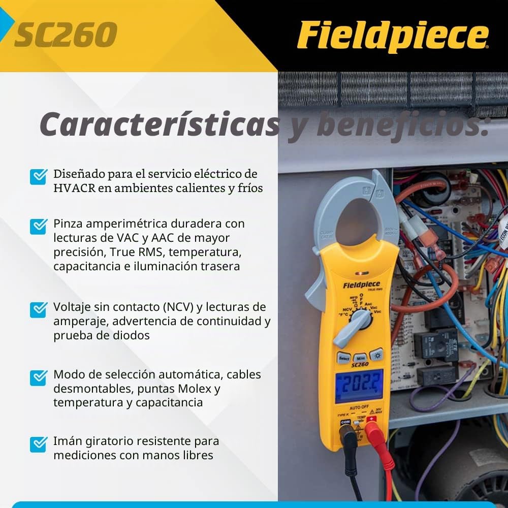 Fieldpiece Multímetro compacto de abrazadera HVACR SC260 - Medidor de abrazadera RMS verdadero con temperatura, capacitancia y retroiluminación