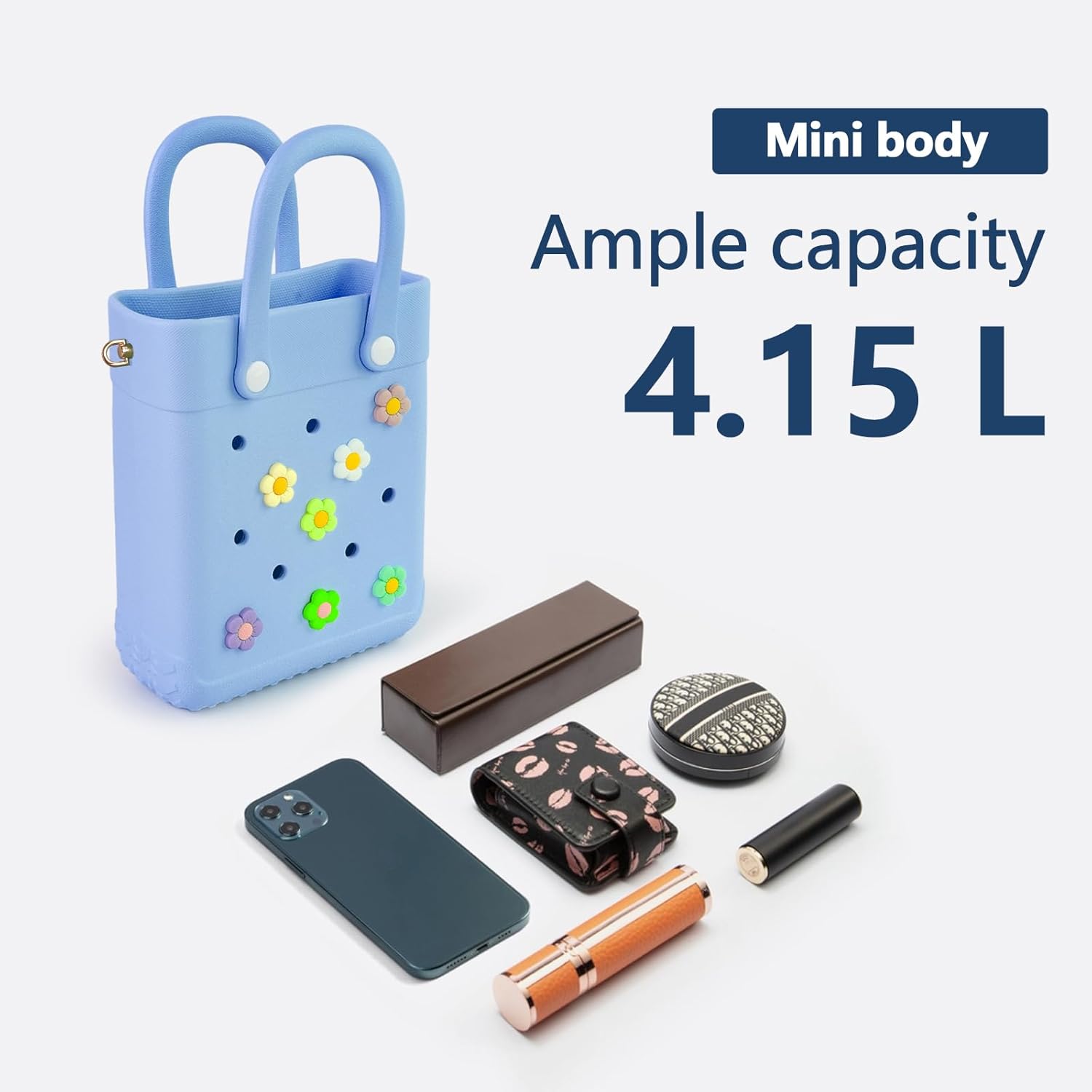 Mini Rubber Tote Bag with 7 Charms X-Small Waterproof EVA Beach Bag for Little Girls & Women Pool Crossbody | with 7 Charms, X-Small - Image 3