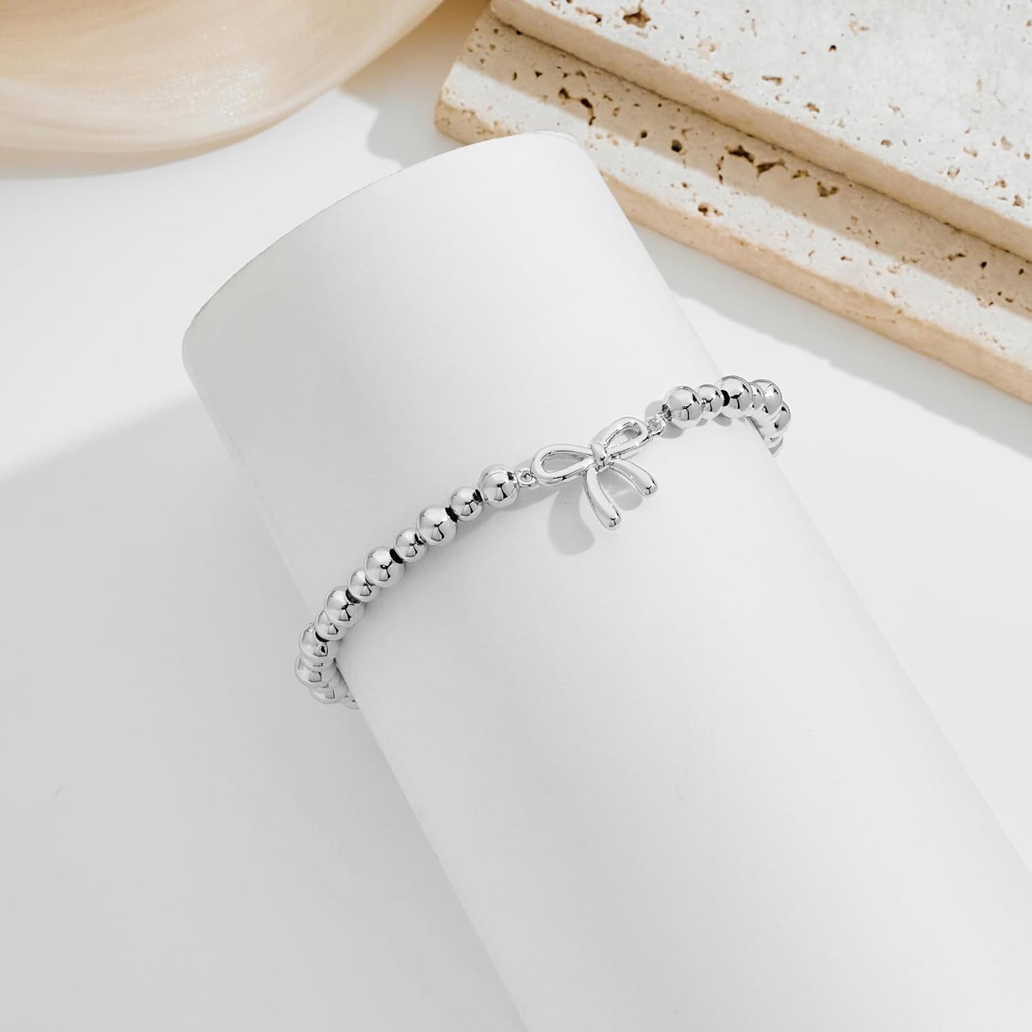 Gold Beaded Stretch Bracelet for Women Bow Charm Bracelet Dainty Stackable Fashion Jewelry - Image 5