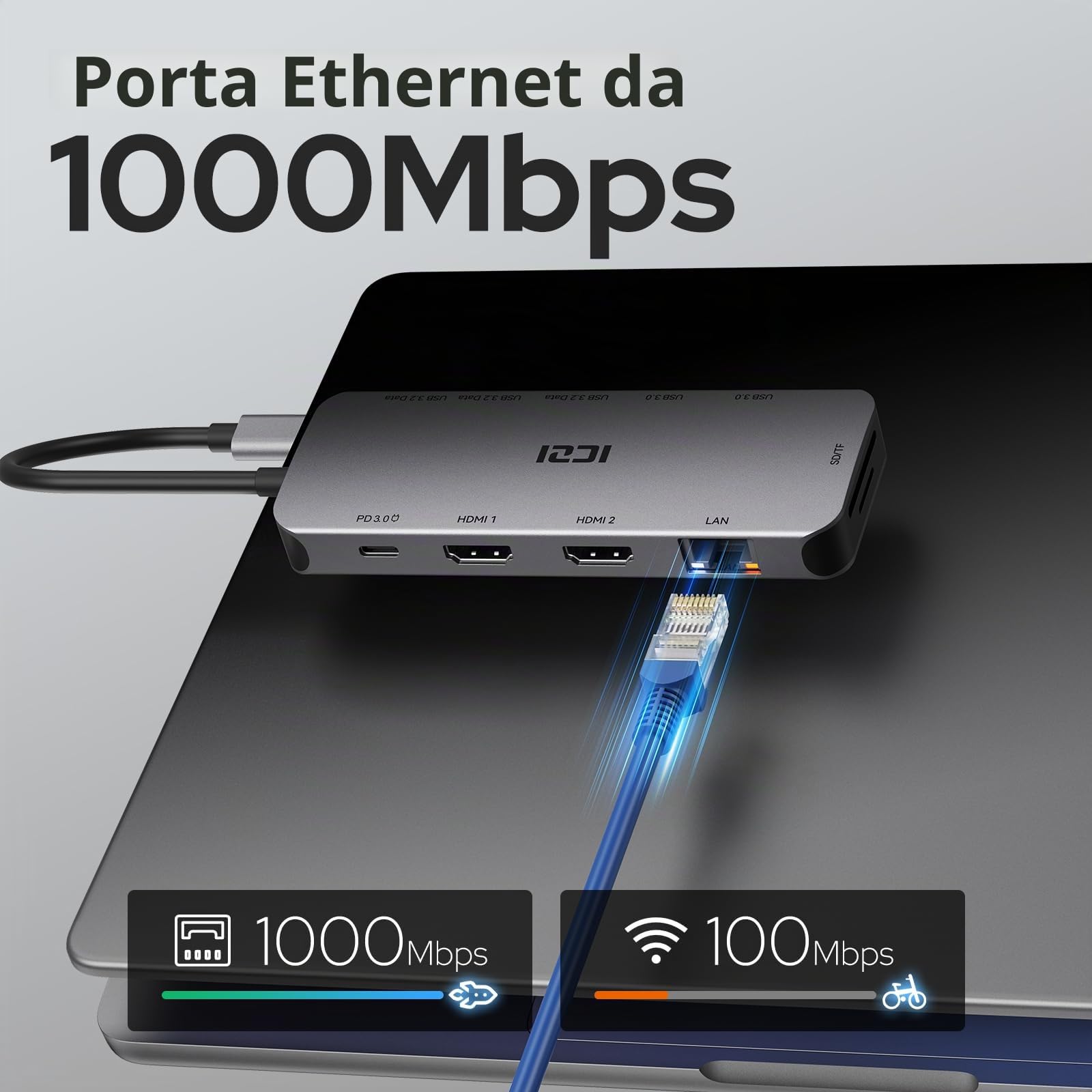 Docking Station Gigabit Ethernet, 11-in-1 USB C Hub con 2 HDMI 4K@30HZ, 2 USB-A 3.0/10Gbps USB C 3.2 e USB A 3.2, PD 100W, SD/TF, 1000M RJ45 Lan, Multiporta USB Adattatore per MacOS e Windows