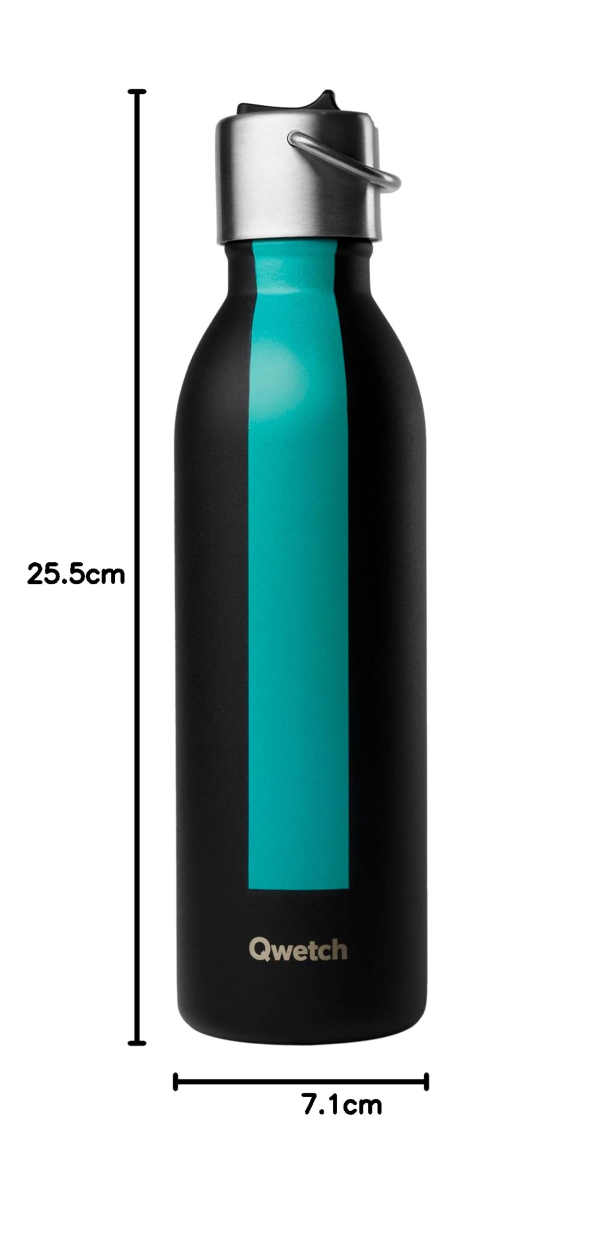 Qwetch - Trinkflasche 600 ml Edelstahl Schwarz Sport Serie - Thermosflasche aus 90% recyceltem Inox mit Sportverschluss - 24h Kalt & 12h Heiß - Isolierflasche, Auslaufsicher, BPA-frei & Kompakt