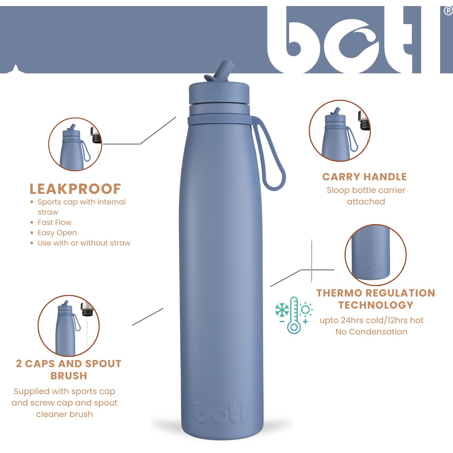 onegreenbottle Evolution V2a Bouteille d'eau en acier inoxydable isotherme avec 2 bouchons et brosse - 800 ml - Anti-fuite - Pour boissons chaudes et froides - Bleu