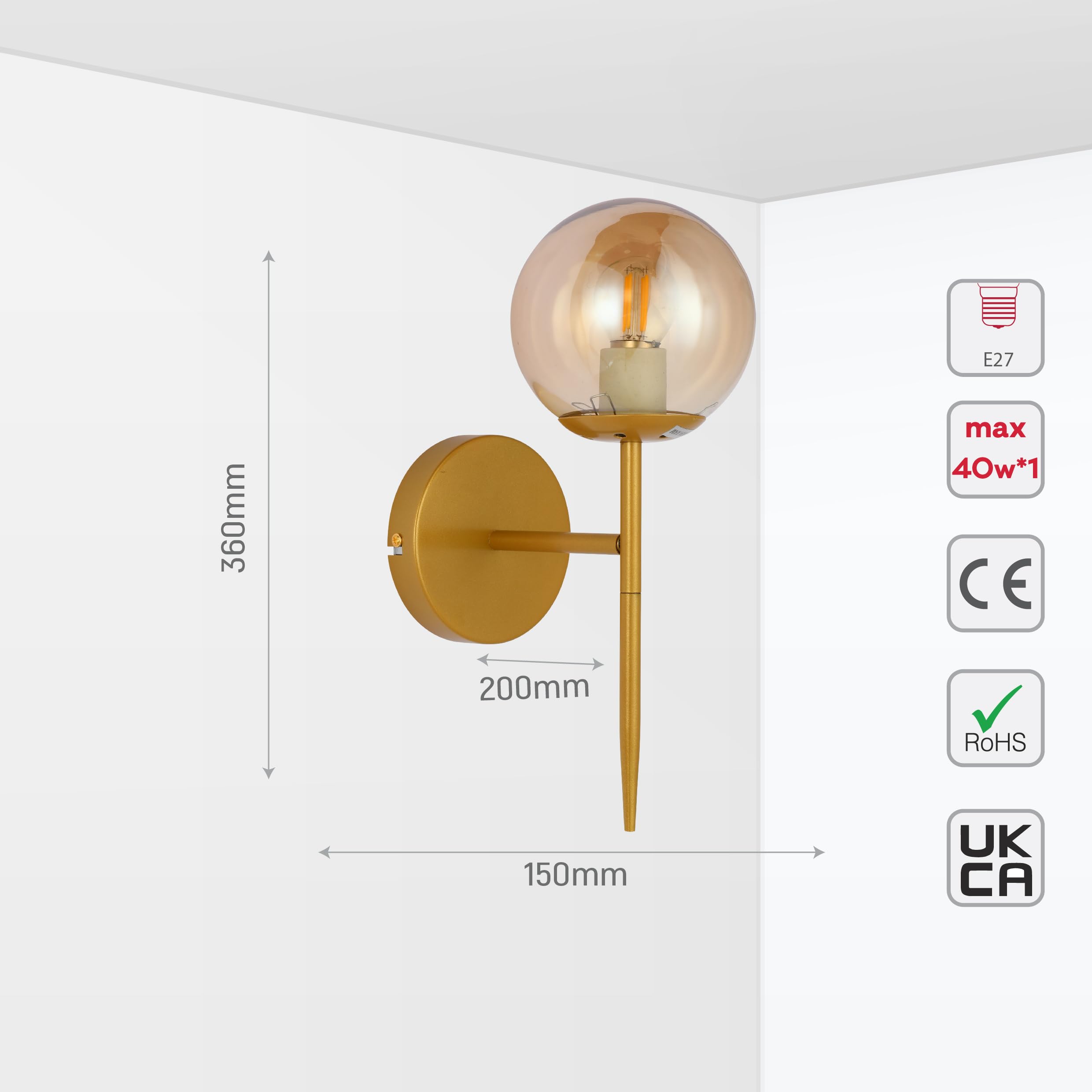 TEKLED myHome Mid-Century Nordic Globe Sconce Modern Wall Light, Gold-amber - Image 3