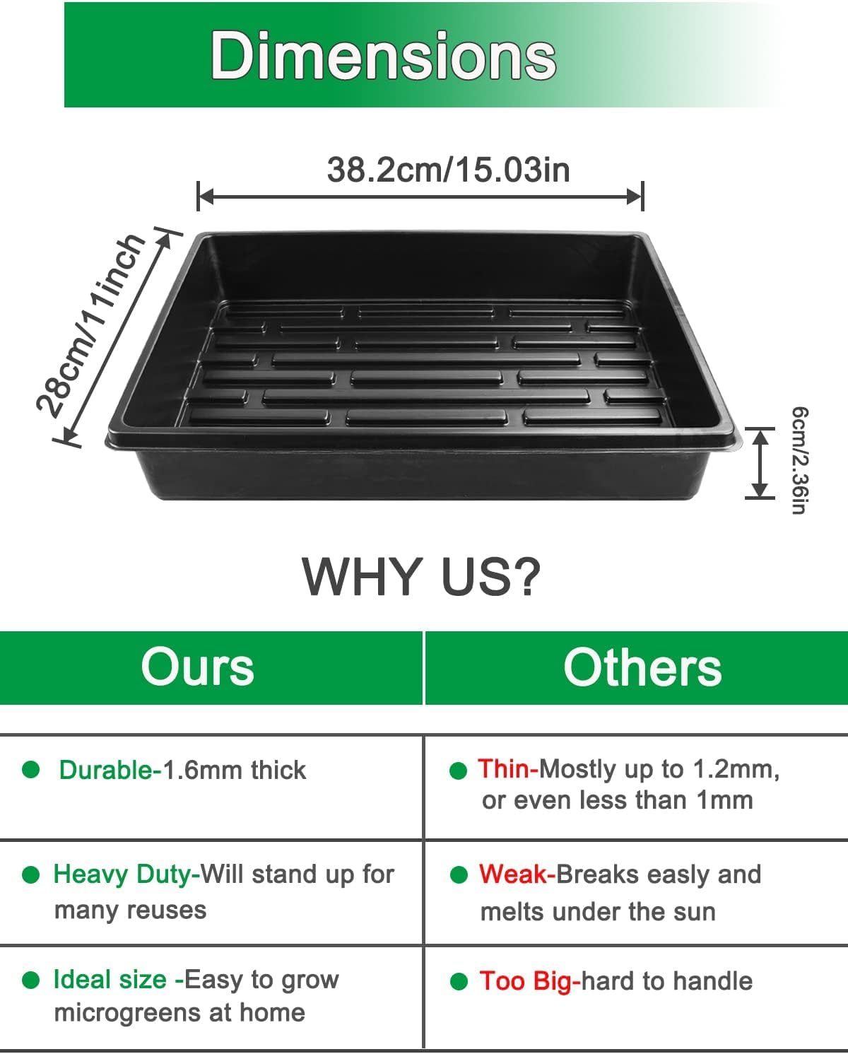 Lot de 6 Plateaux Semis Rectangulaires sans Trous, Bac de Rétention avec 2 Bouteilles d’Arrosage 250 ML, Plateau Plastique Réutilisable pour Germination, Microgreens, Intérieur et Serre