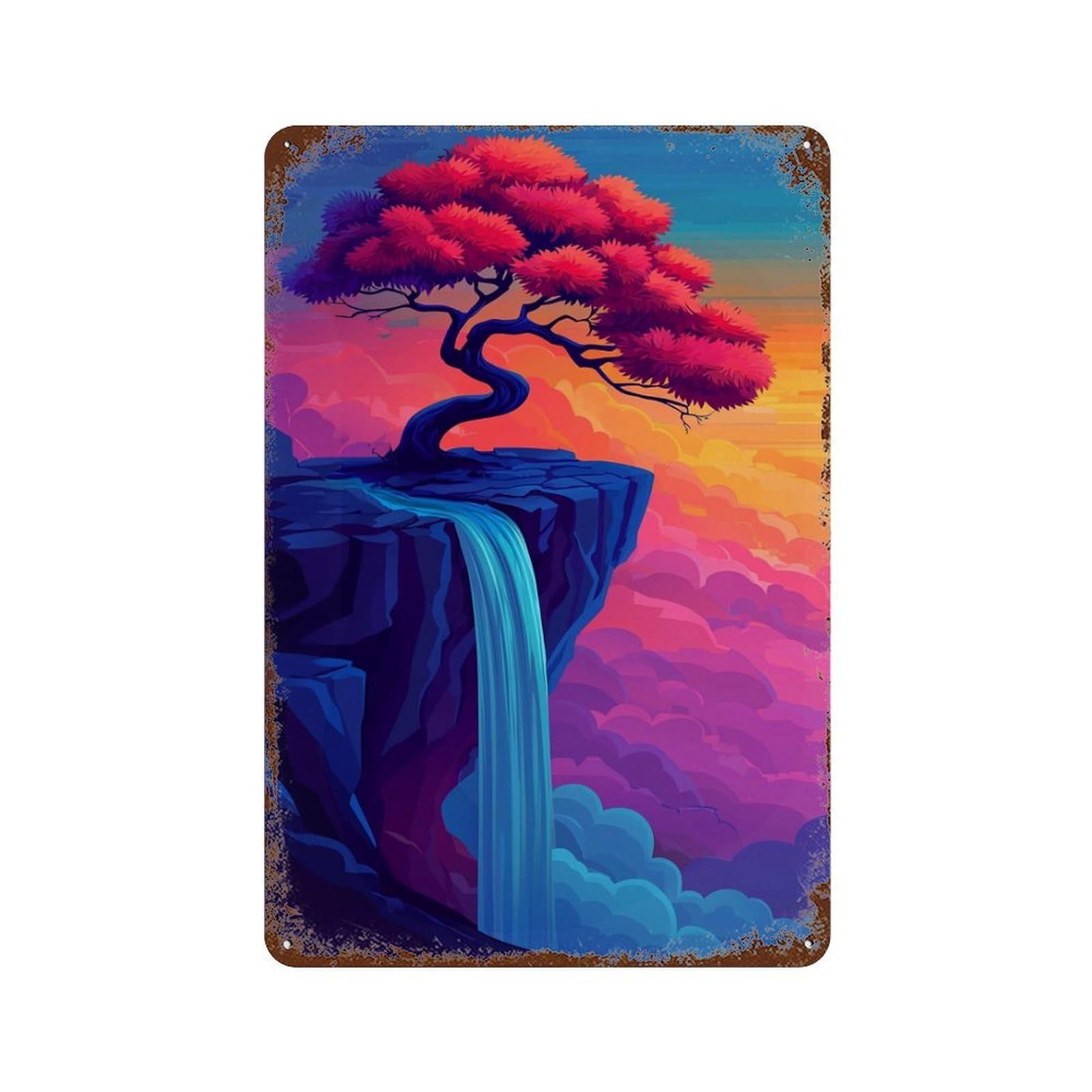 Bonsai Tree on Cliff with Waterfall Rust Effect Tin Sign 11.8"x7.9", Retro Wall Decor for Pub, Kitchen And Man Cave Decor
