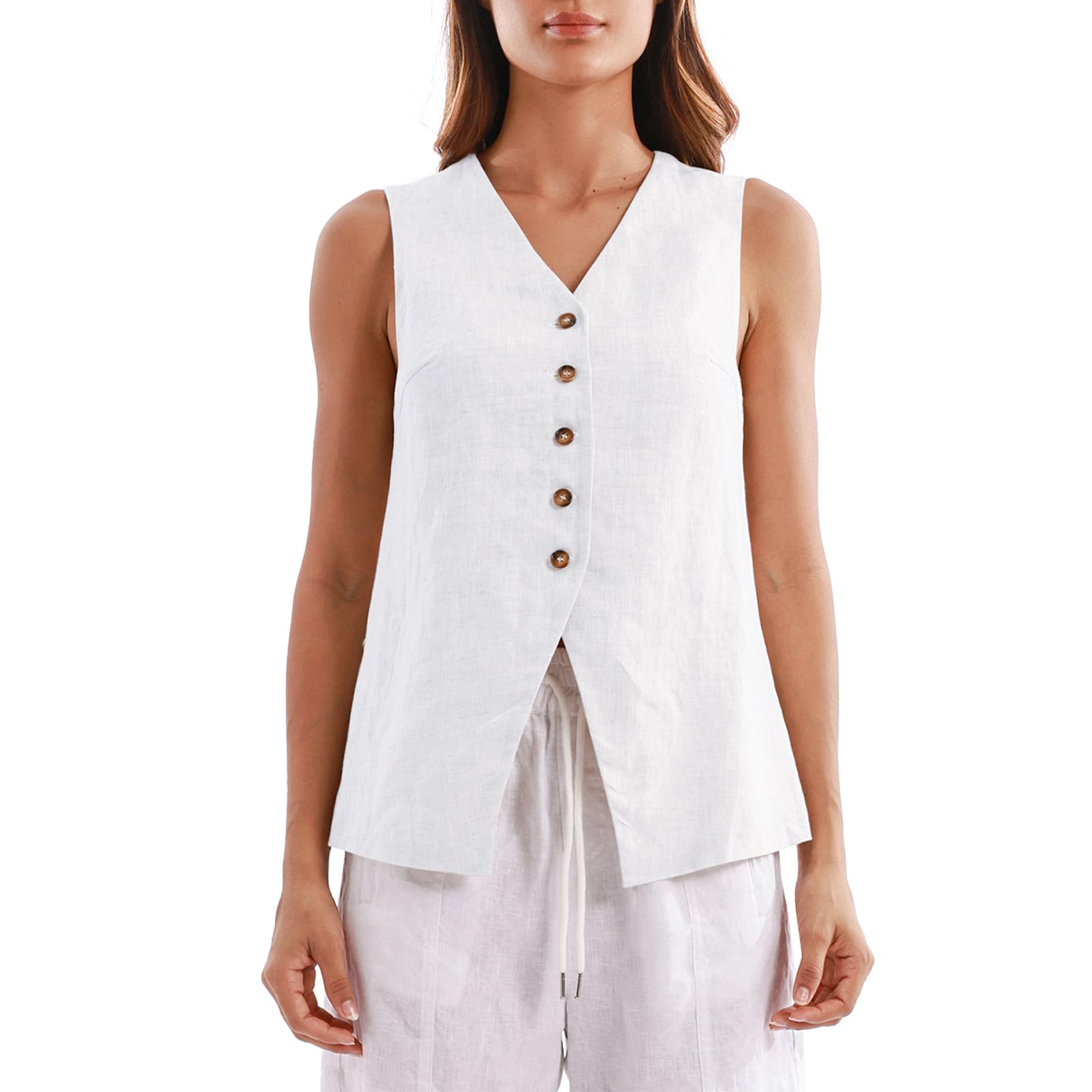 Amazhiyu Chaleco de traje para mujer, chaleco de lino para mujer, chaleco corto sin mangas, chaleco de lino, elegante, cuello en V, botón hacia abajo, chaqueta vintage