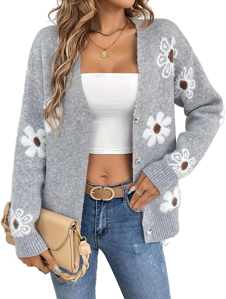 Mywinway Flower Sweater Cardigan Sweaters for Women 2025 Fall Sweaters Lightweight Knit Daisy Cute Casual Jackets